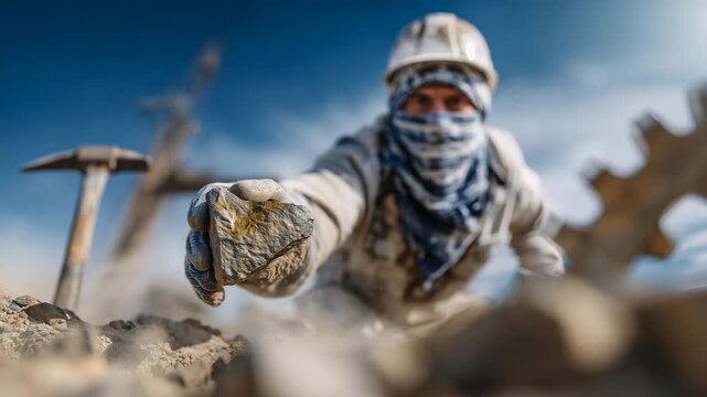 Cinematic composition of a miner lifting a unique ore toward the camera, background blurred with mining tools and dust, symbolizing discovery and industrial potential