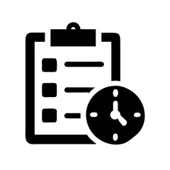 A black and white icon showing a clipboard with checklist items and a clock indicating time management or scheduling tasks