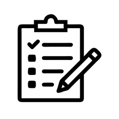 Checklist on a clipboard with checkmarks and lines alongside a pencil in black and white outline style