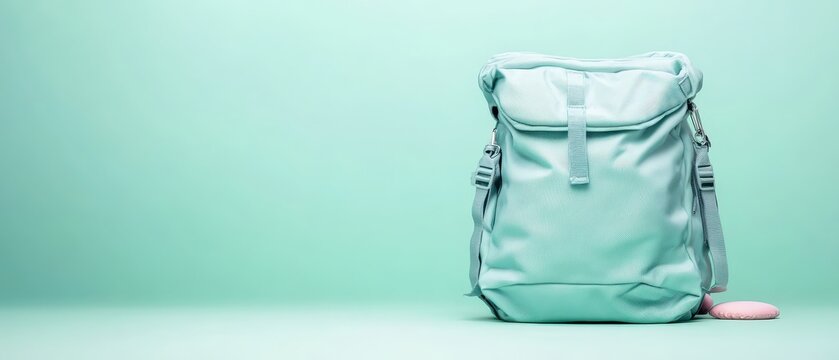 Light blue backpack with straps standing on a clean blue background, simple modern design.