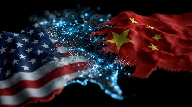Cinematic composition of torn US and China flags over a digital map highlighting global trade routes and raw material hotspots