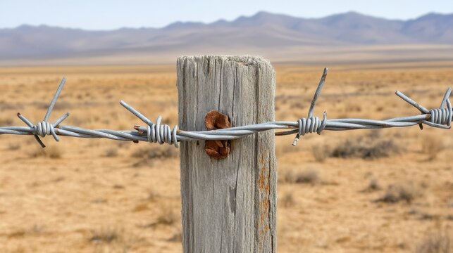 Barbed Wire Wrapped Around Weathered Wooden Fence Post - Powered by Adobe