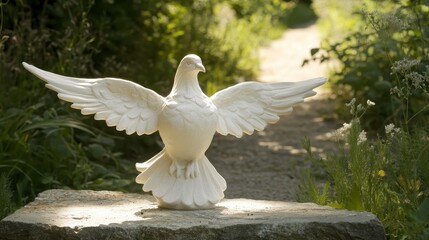 A white ceramic dove sculpture with outstretched wings sits serenely on a stone surface in a sunlit garden