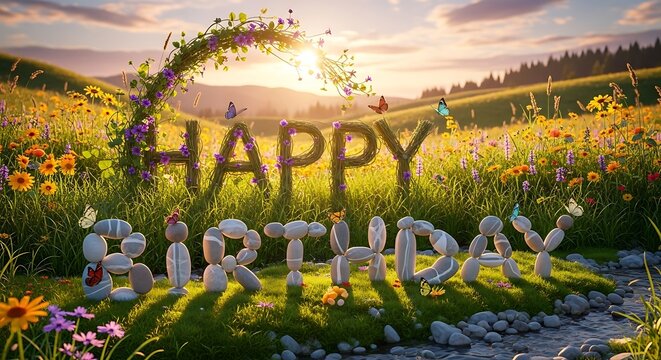Happy birthday greeting card with flowers butterflies and stones scenic nature background image for birthday wishes
