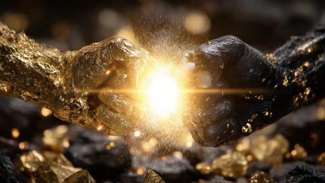Cinematic composition of two fists colliding gently, surrounded by shimmering gold nuggets and rough black coal pieces, symbolizing wealth, energy, and alliance