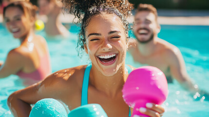Friends enjoying a fun water workout with fitness swimming activities for health and leisure