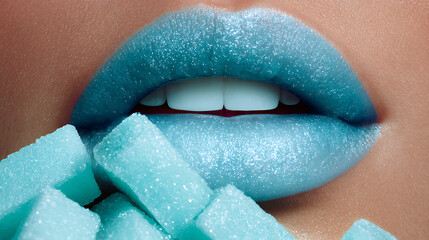 Close up of a woman's bright red lipstick and sensual smile showing her teeth