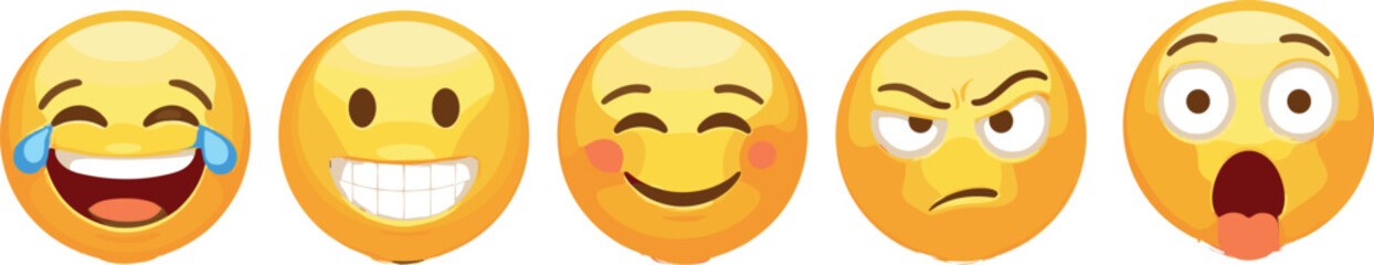 Vector illustration set of five yellow cartoon emoticons featuring laughing tears, nervous grimace, happy smile, suspicious look, and shocked screaming face expressions for social media.