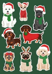Christmas stickers set. Cute cartoon dogs in Santa hats with white outlines on a dark green background.