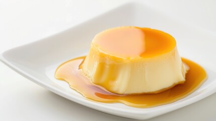 Fototapeta premium Crème Caramel Flan Collection: Silky Crème Caramel Flans with Caramel Sauce, Served on Varied Plates (White, Speckled, Ridged) with Garnishes (Mint) for Dessert, Culinary, and Dining Inspiration