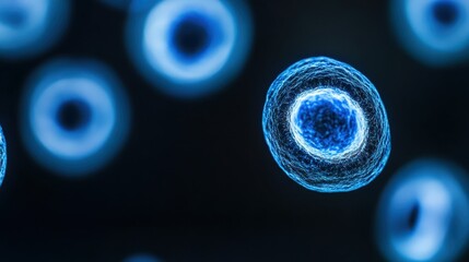 Close up of a brightly labeled cell with blue fluorescence