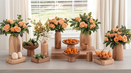 A warm living room with a vase of roses and wooden bowls of nuts on the dining table near the window adorned by colorful curtains