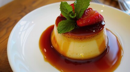 Cr&egrave;me Caramel Flan Collection: Silky Cr&egrave;me Caramel Flans with Caramel Sauce, Served on Varied Plates (White, Speckled, Ridged) with Garnishes (Mint) for Dessert, Culinary, and Dining Inspiration