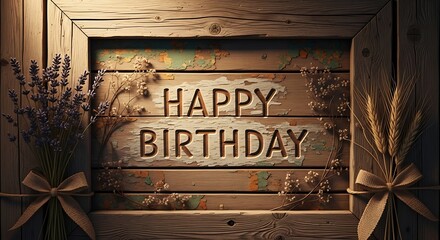 Happy birthday wood rustic frame lavender wheat floral decoration greeting card background image design