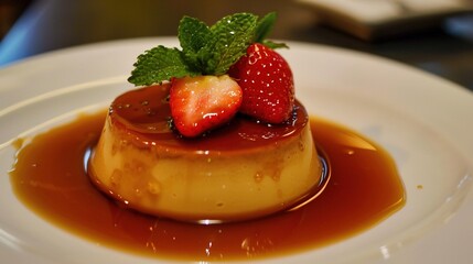 Cr&egrave;me Caramel Flan Collection: Silky Cr&egrave;me Caramel Flans with Caramel Sauce, Served on Varied Plates (White, Speckled, Ridged) with Garnishes (Mint) for Dessert, Culinary, and Dining Inspiration