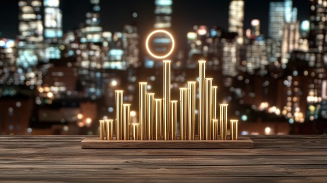 A modern brass sculpture resembling a bar graph with glowing light adorns a wooden surface near a window overlooking a tranquil garden