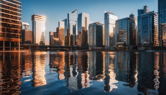 Cityscape Reflection: A modern cityscape reflects majestically on calm water, with the warm light of dawn or dusk painting the high-rise buildings in a symphony of colors.