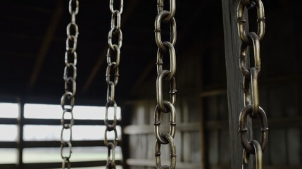 Close up of heavy tarnished brass chains draped against dark