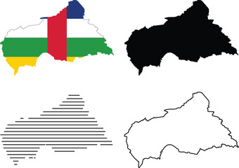 Central african republic map collection with flag, solid silhouette, striped pattern, and thin outline vector graphic design
