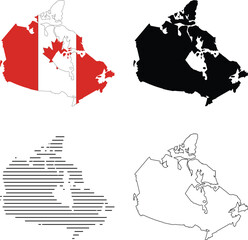 Canada map collection: national flag, solid silhouette, striped fill, and outline versions on isolated white background