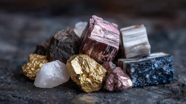Close-up of a heap of rare earth minerals including neodymium, cerium, and lithium on a dark textured surface, metallic glints highlighting their industrial value