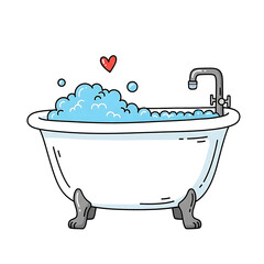 Bathtub filled with bubbles and heart symbol in cute style  