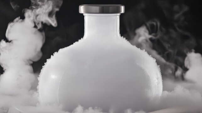 Close up of dewar flask holding liquid nitrogen and emitting vapor