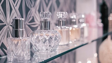 Close up of perfume bottles displayed on a mirrored glass shelf