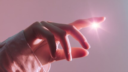 Hand reaching out with a bright glow in a soft pink background casting an ethereal and magical atmosphere in a creative setting