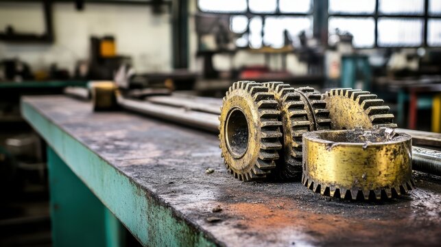 Collection of tarnished brass gears and metal components resting on a workbench in an industrial workshop environment