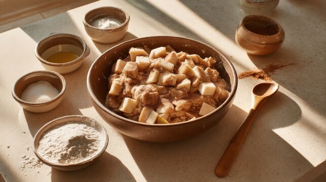 Homemade apple cinnamon dessert with ingredients in rustic kitchen setting