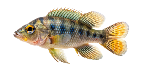 Colorful freshwater cichlid fish with striking blue and yellow markings isolated on transparent background