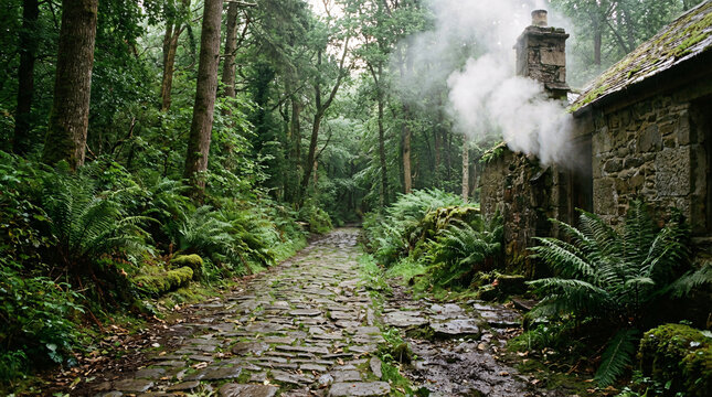 A rustic stone pathway leads through a lush green forest next to an old stone cottage structure with white smoke billowing from the chimney. - Powered by Adobe