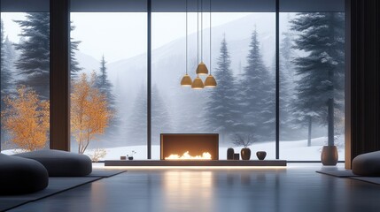 Naklejka premium Elegant minimalist interior with mountains view in autumn featuring a fireplace and large dining table