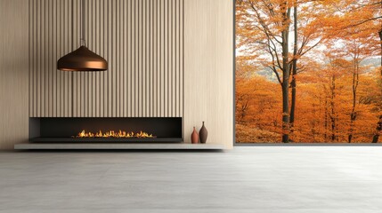 Naklejka premium Elegant minimalist interior with mountains view in autumn featuring a fireplace and large dining table
