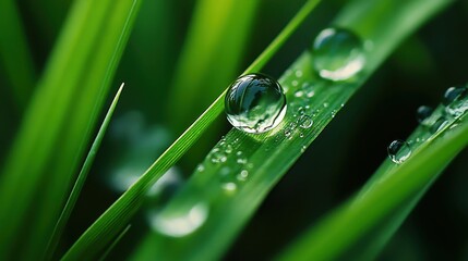 Close up of water droplets on green grass leaf