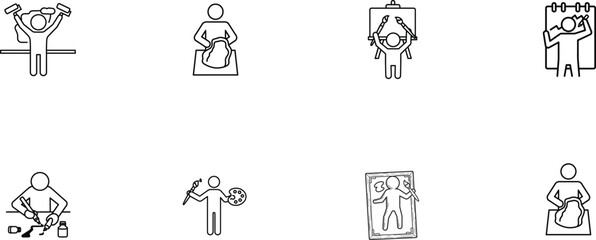 Collection of eight line art icons depicting artistic and creative actions