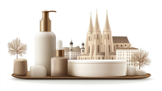 Cosmetic products displayed in front of St. Paul's Cathedral showcasing elegant design and high-quality aesthetics in wonderful daylight