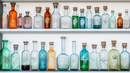 Collection of Colorful Chemical Reagent Bottles Displayed on Shelves