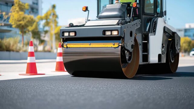 Close-up of an asphalt roller compressing newly laid pavement, yellow safety vest reflections gleaming on the metal surface and cones marking the work zone