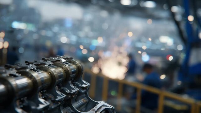 Close-up of an engine valve assembly, metallic sheen and intricate textures highlighted, blurred factory workers and machinery in the background