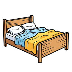 Wooden bed with colorful bedding and pillows in simple style  