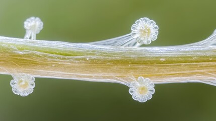 Close up of a plant stem showing intricate cellular structures and delicate floral elements in macro detail