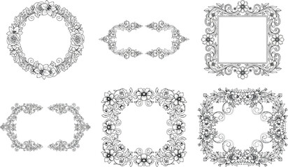 Collection of six elegant floral frames isolated on transparent background, perfect for adding a touch of nature to designs