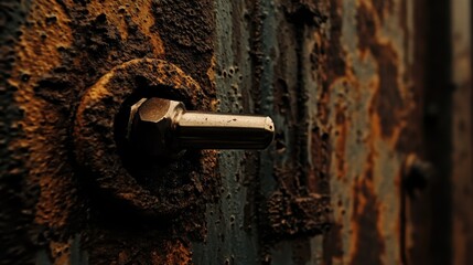 Close up of a steel bolt with corrosion and aged texture
