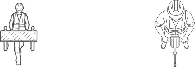 Construction worker with jackhammer and traffic barrier line art