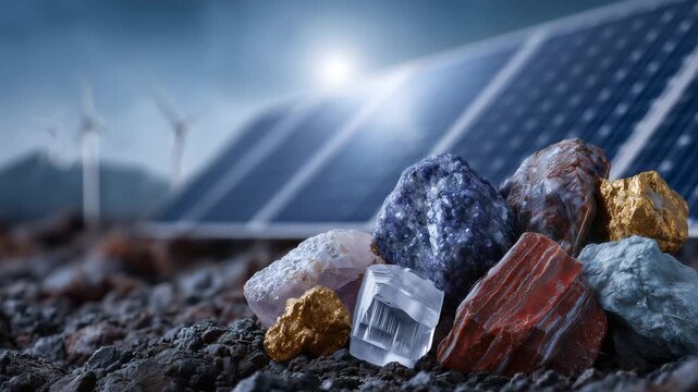 Close-up of assorted rare earth minerals and metallic ores spilling over dark earth, with faint outlines of solar panels and wind turbines in soft-focus background, copy space incl