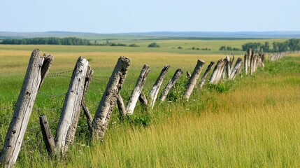 Cracked and weathered wooden fence posts lean precariously across a sunlit grassy field with a blue sky horizon