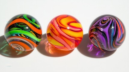 Fototapeta premium Collection of perfectly spherical hand blown glass marbles with vibrant colorful swirls on a white background