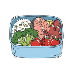 Colorful bento box with rice, fish, vegetables, and octopus  
